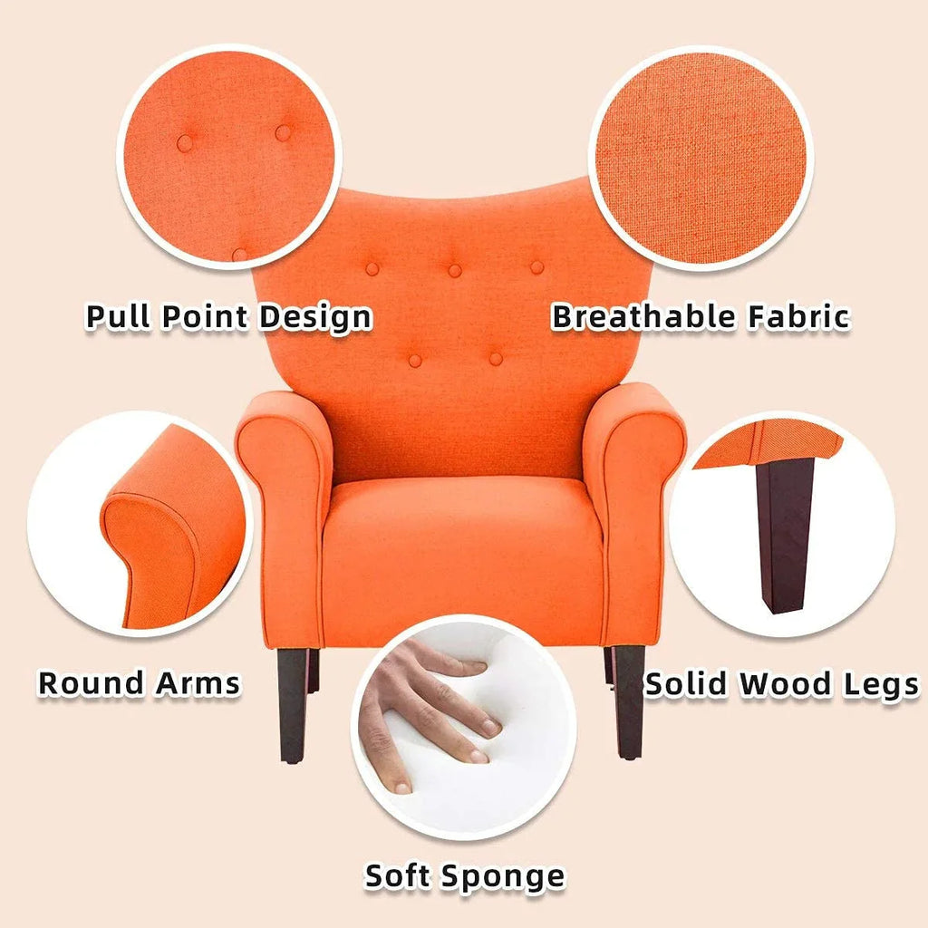 Erommy moderne accentstoel, fauteuil met hoge rugleuning, gestoffeerde stoffen fauteuil met knopen en houten poten voor de woonkamer