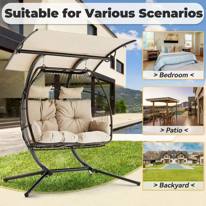 Balancelle d’extérieur pour deux avec support, chaise suspendue pliable, coussin de hamac et auvent, fauteuil œuf double – beige