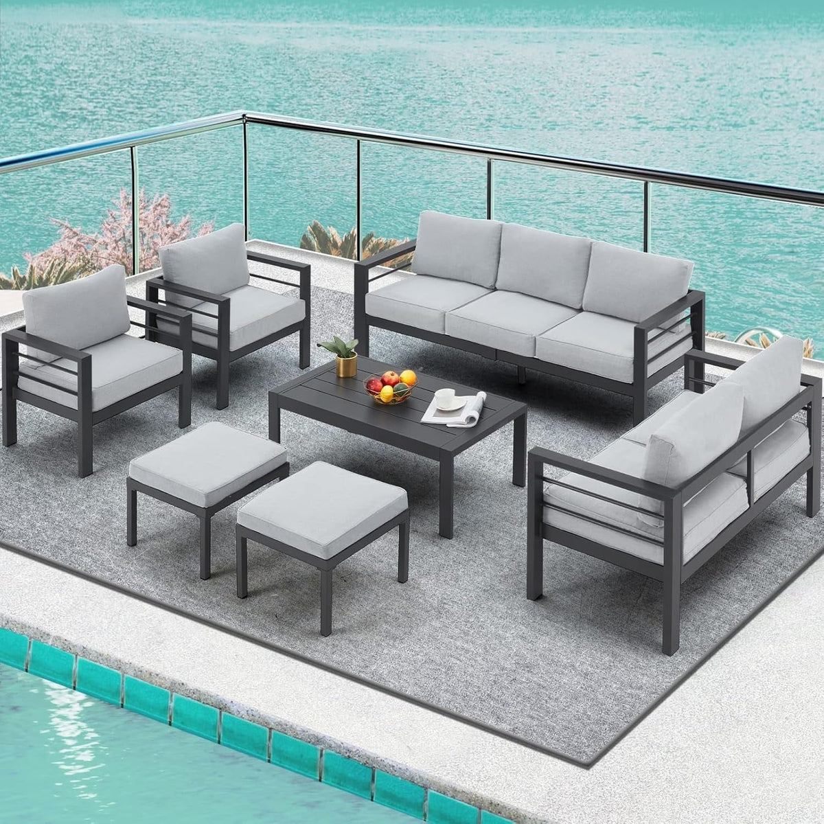 AECOJOY 7-teiliges Aluminiummöbel-Set für die Terrasse, Outdoor-Sitzgruppe