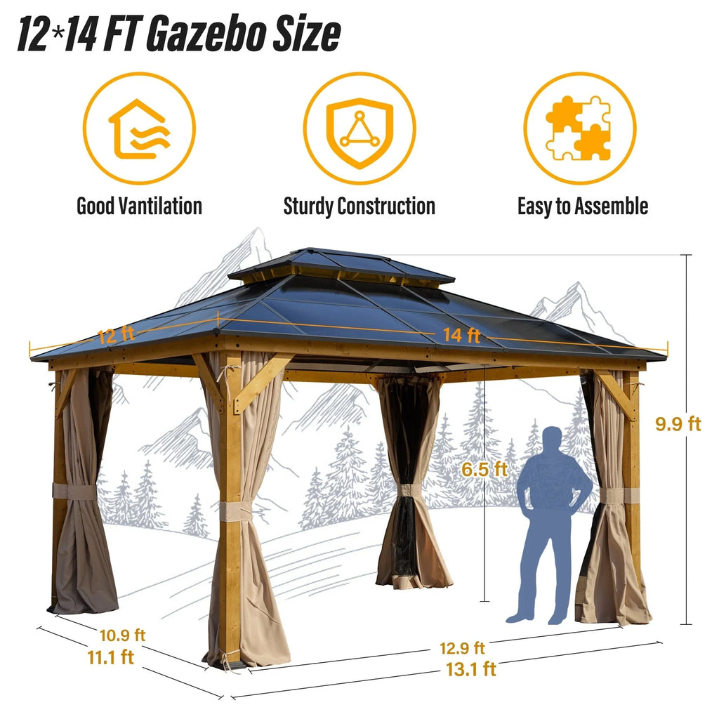 EROMMY Pavillon mit festem Dach, Outdoor-Pergola mit Doppeldach, Netzvorhängen und Vorhängen, robustes Vordach für Terrasse, Garten und Poolpartys