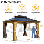 EROMMY Pavillon mit festem Dach, Outdoor-Pergola mit Doppeldach, Netzvorhängen und Vorhängen, robustes Vordach für Terrasse, Garten und Poolpartys
