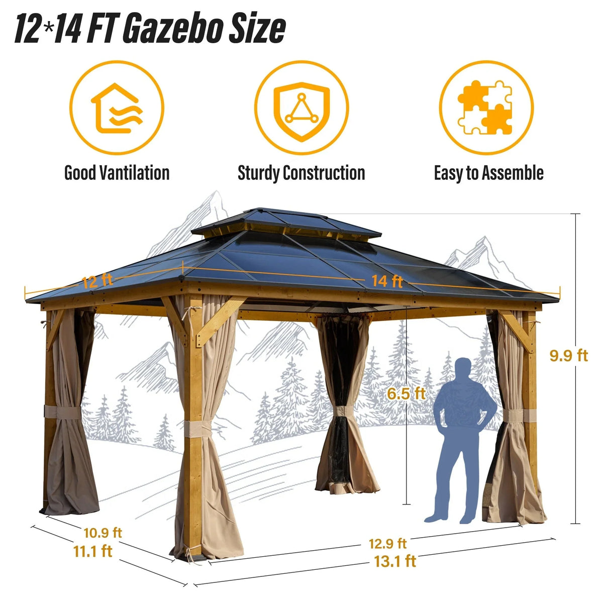 EROMMY Pavillon mit festem Dach, Outdoor-Pergola mit Doppeldach, Netzvorhängen und Vorhängen, robustes Vordach für Terrasse, Garten und Poolpartys