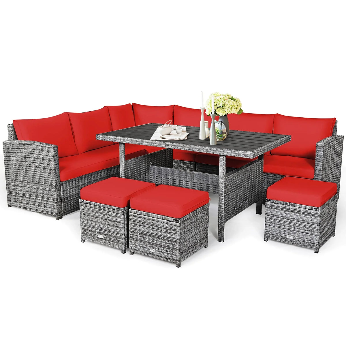 Costway Ensemble repas de jardin en rotin de 7 pièces, canapé d’angle, canapé et pouf — Voir les détails