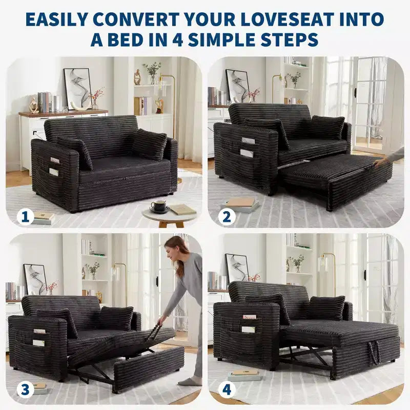 55 wandelbares 2-Sitzer-Schlafsofa mit ausziehbarer Fußstütze und verstellbarer Rückenlehne, platzsparendes Sofa für kleine Wohnungen