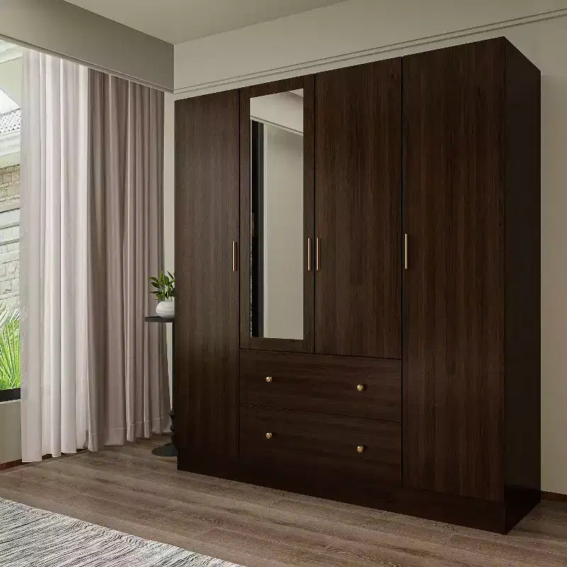 Armoire Hitow avec 2 grands tiroirs, espace central pour vêtements suspendus et miroir, style minimaliste