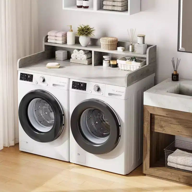 Plan de travail à 2 niveaux pour lave-linge et sèche-linge avec étagère ou tiroirs, couvre-plan de buanderie avec tapis antidérapant, dessus de 54X27.5 pour plier le linge