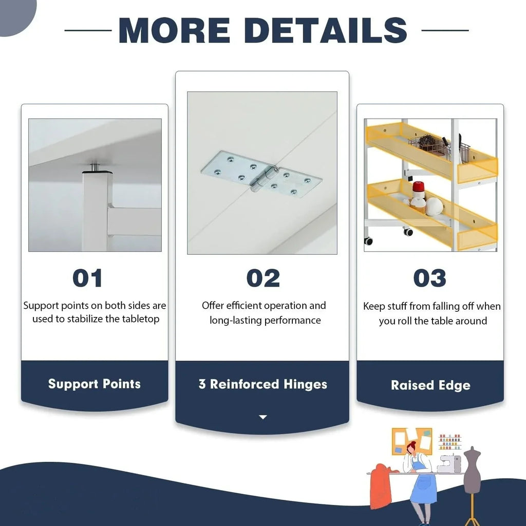 Table de bricolage réglable en hauteur avec étagères de rangement, table de découpe pliante mobile pour bureau à domicile, salle de couture ou atelier créatif