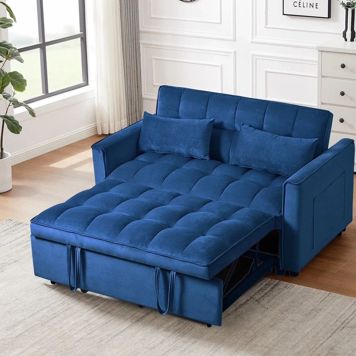 Modernes ausziehbares Schlafsofa, 3-in-1-Schlafsofa mit verstellbarer Rückenlehne, Samt-Loveseat, Kissen und Seitentaschen