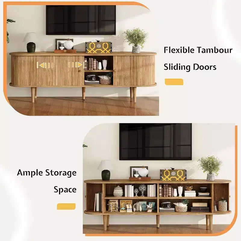 AMERLIFE tv-meubel voor 70-inch tv met poten van massief hout, moderne tv-console in mid-century-stijl met tambourdeur
