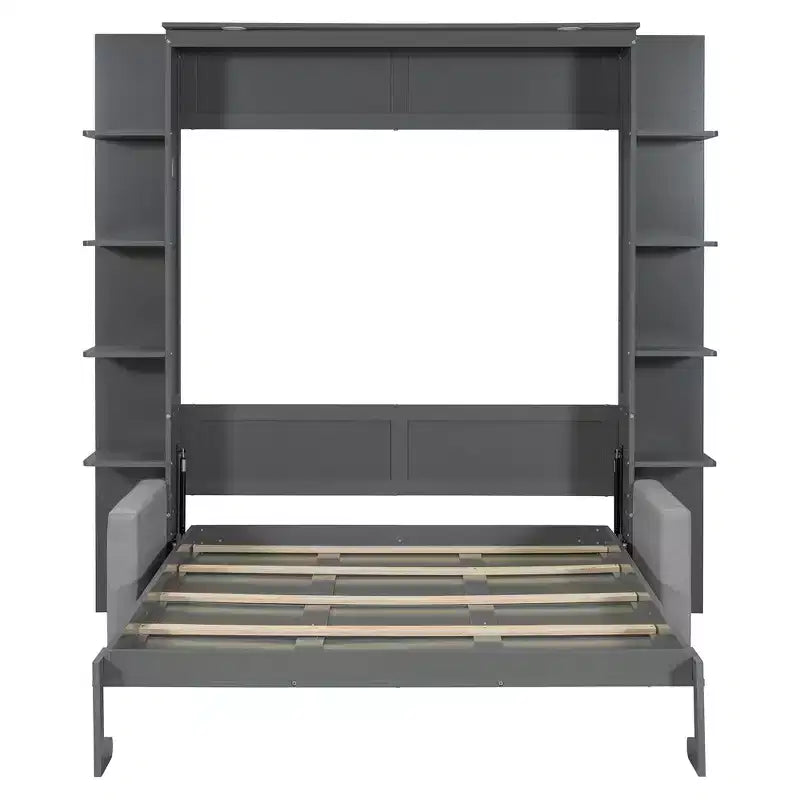 Lit escamotable mural queen size avec canapé, lit armoire pliant queen size avec bibliothèque et étagères pour chambre d’amis ou bureau