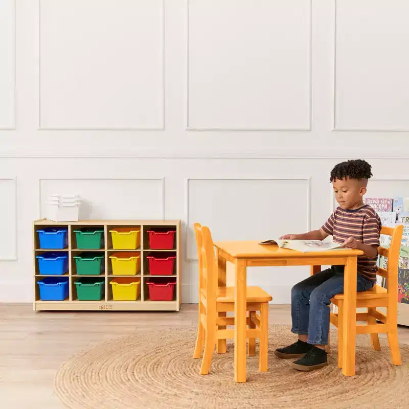 Meuble mobile à plateaux avec casiers et 15 bacs frontaux à ouverture en forme de cuillère, 3 x 4, mobilier pour enfants