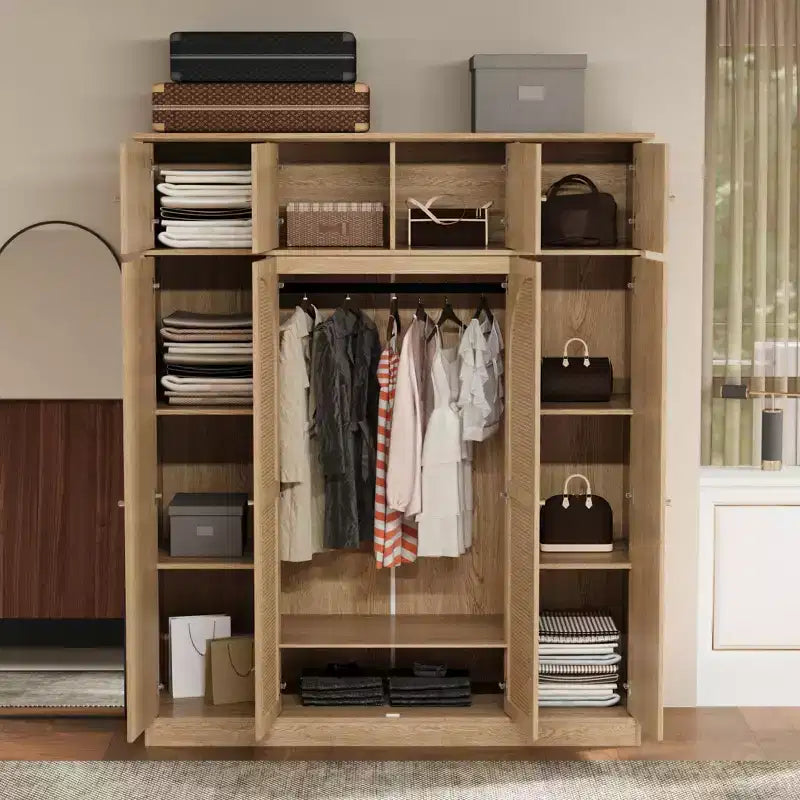 Armoire-penderie haute de 70,87 pouces à 8 portes, grande capacité, avec tringle, étagères réglables et portes décoratives en rotin