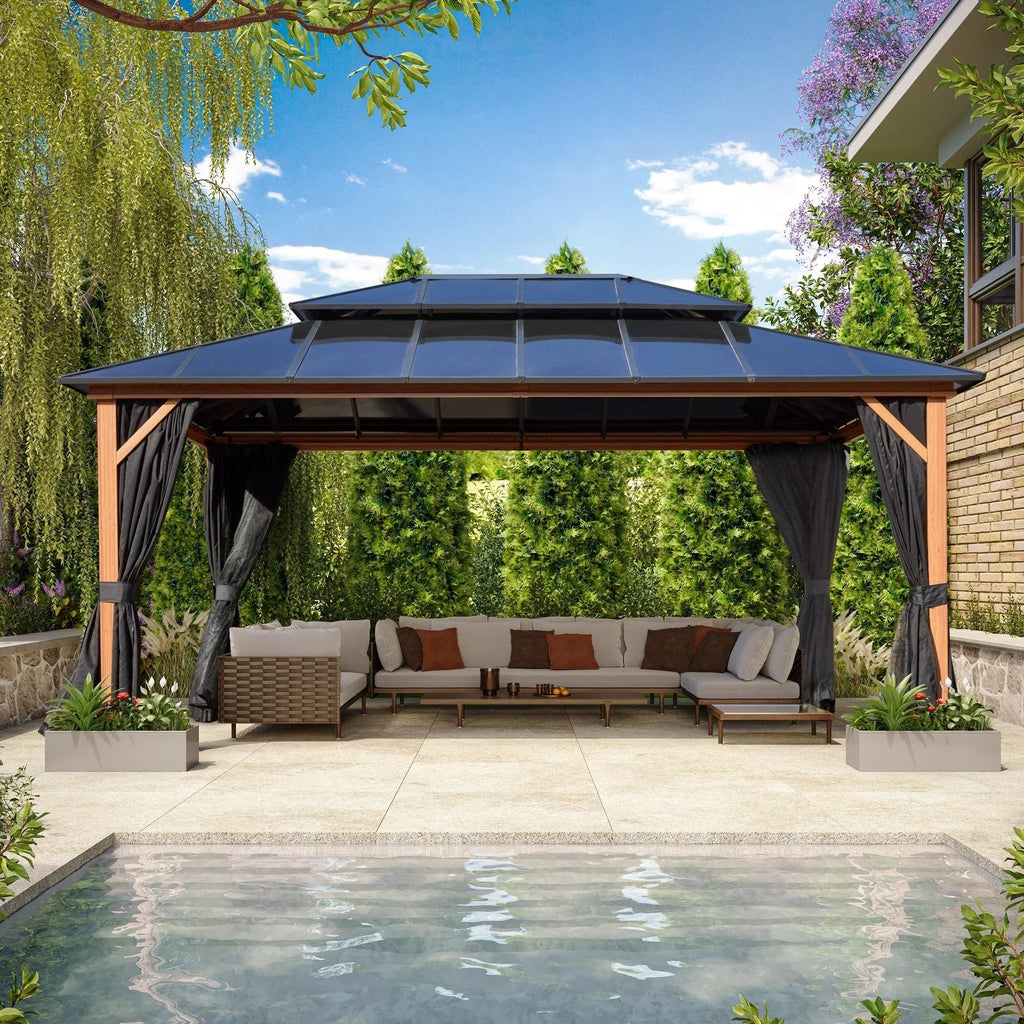EROMMY Pavillon mit festem Dach, Outdoor-Pergola mit Doppeldach, Netzvorhängen und Vorhängen, robustes Vordach für Terrasse, Garten und Poolpartys