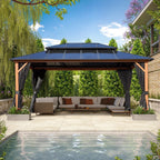 EROMMY Pavillon mit festem Dach, Outdoor-Pergola mit Doppeldach, Netzvorhängen und Vorhängen, robustes Vordach für Terrasse, Garten und Poolpartys