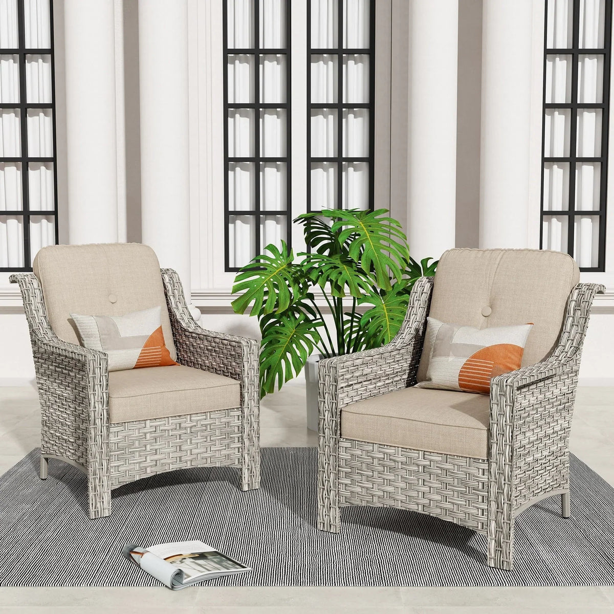 Ensemble de 2 fauteuils de jardin d’extérieur HOOOWOOO en rotin tressé à dossier haut