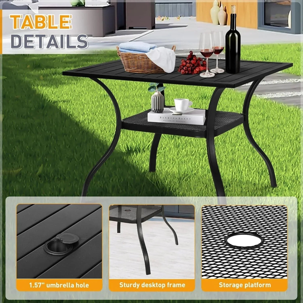 SUNCROWN 5/7-delige stalen tuin-eetsets, metalen tafel met lattenblad en stapelbare stoelen, gepoedercoat frame