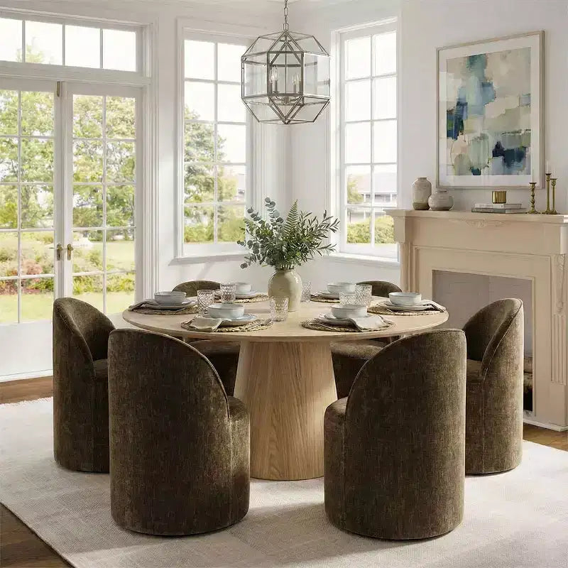 Modernes Esszimmer-Set für 6 Personen, runder Esstisch mit Säulenfuß, drehbare Fassstühle mit Rollen, Chenille-Strukturstoff – Panipeachy