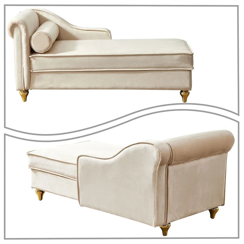 Fauteuil méridienne élégant français en velours avec revêtement rembourré et rangement, avec coussin