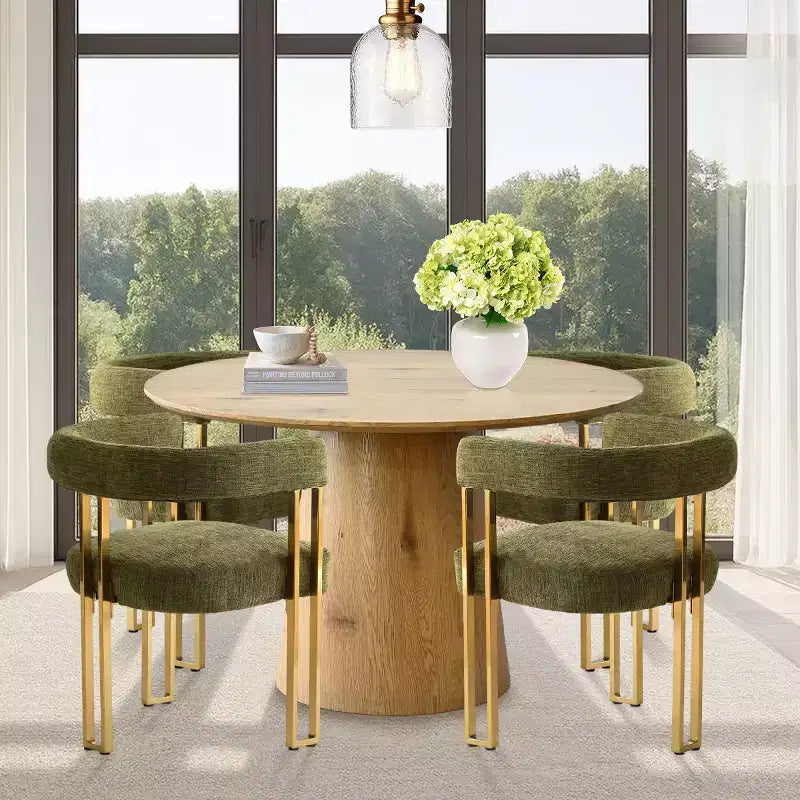 Ausziehbares rundes bis ovales Esszimmertisch-Set mit 4 Samtsesseln, modernem Säulendesign, Sitzplätze für bis zu 8 Personen – Panipeachy