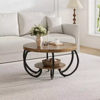 Runder industrieller Couchtisch mit 76 cm Durchmesser, 2 Ebenen, verstellbaren Füßen, Ablage in Holzoptik, Flammendesign, einfache Montage, Wohnzimmer