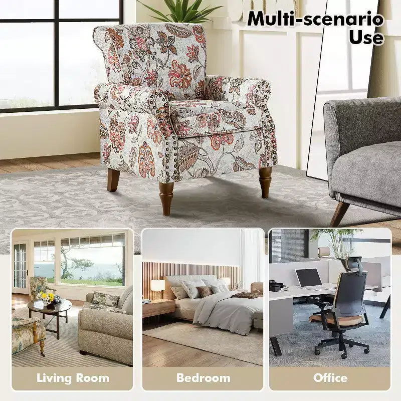 Fauteuil traditionnel Araceli en bois, rembourré à motif floral, avec dossier à oreilles et bordure cloutée| ART OF LIVING DESIGNS