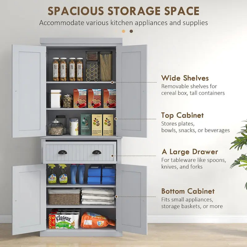 Armoire de rangement de garde-manger de cuisine de 72 pouces, armoire traditionnelle autoportante avec 4 portes et 3 étagères réglables, grand tiroir central