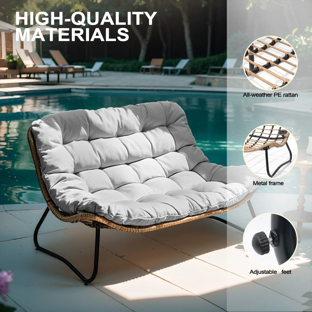 Fauteuil double Papasan avec coussin, rotin PE toutes saisons et structure en métal, pour intérieur et extérieur