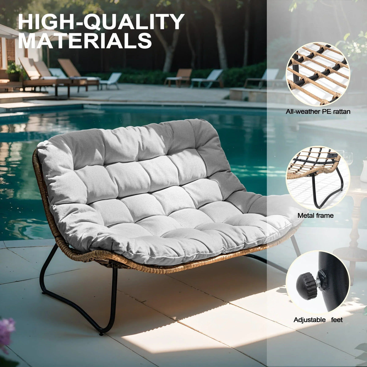 Fauteuil double Papasan avec coussin, rotin PE toutes saisons et structure en métal, pour intérieur et extérieur