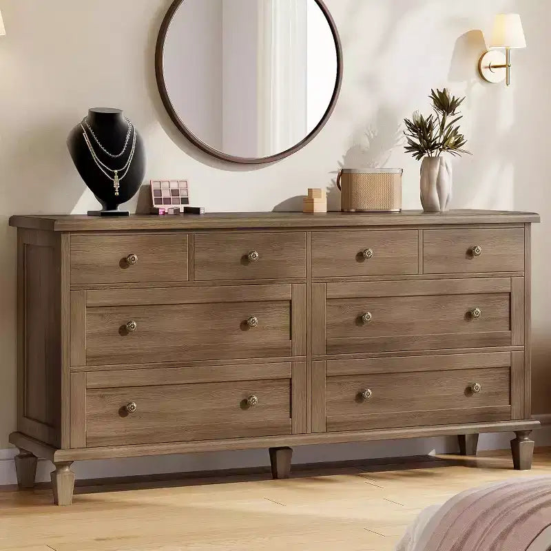 Ladekast met 8 laden voor de slaapkamer, vintage ladekast van 59 inch en tv-meubel met gebeeldhouwde handgrepen en taps toelopende poten, houten ladekast met ruime opbergruimte