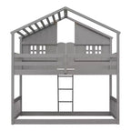 Twin Size House-Shaped Loft Bed, Wood Playhouse Loft Bed with Ladder & Guardrails for Kids