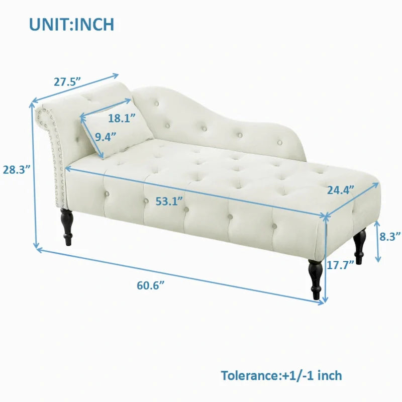 Chaise longue moderne de 60,6 po, capitonnée en velours avec boutons, pieds en bois massif et clous décoratifs