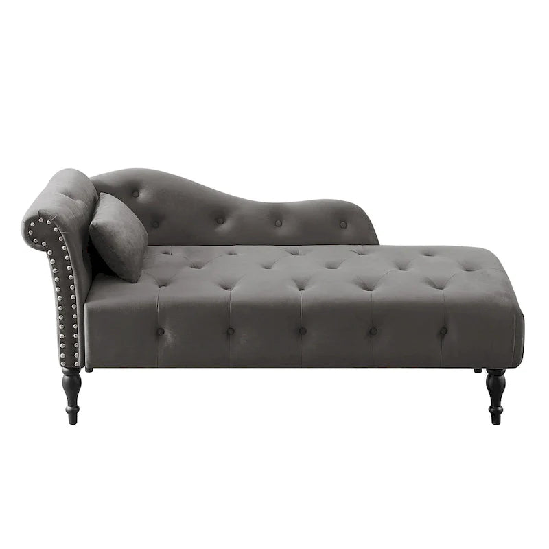 Chaise longue moderne de 60,6 po, capitonnée en velours avec boutons, pieds en bois massif et clous décoratifs