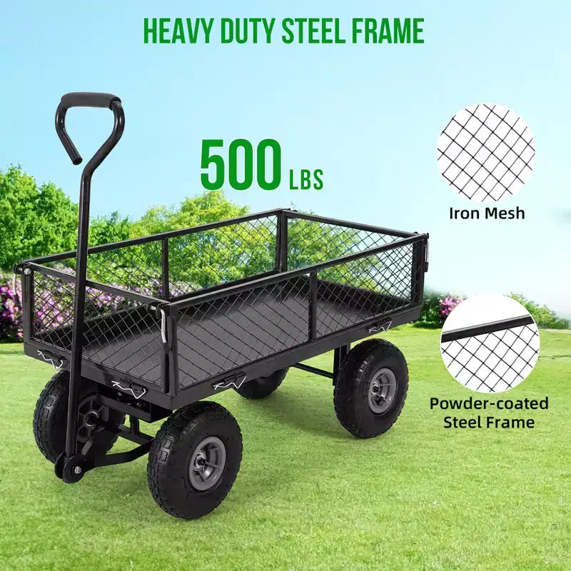 Chariot de jardin en acier robuste, 226,8 kg, chariot utilitaire pliable avec côtés en filet et doublure amovibles, 10 pneus gonflables, poignée de traction