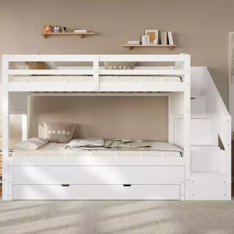 Cadre de lit superposé Whisen Twin XL avec lit gigogne, rangement, escalier de rangement en bois massif, armoire et 3 tiroirs, pour enfants