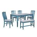 6-delige houten eetkamerset met 4 stoelen en bank, tafel met lade