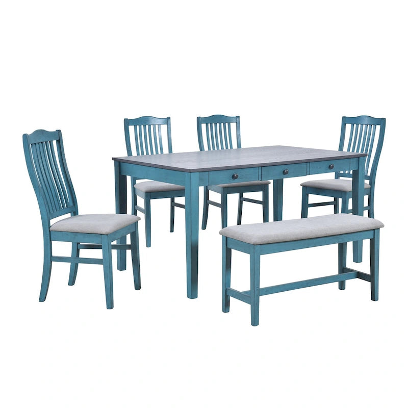 6-delige houten eetkamerset met 4 stoelen en bank, tafel met lade