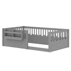 Bellemave Kids Floor Bed with Heightened Fence and Bookshelf, Wooden Twin Montessori Bed Frame for Girls Boys