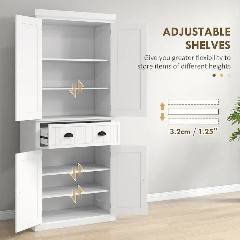 Armoire de rangement de garde-manger de cuisine de 72 pouces, armoire traditionnelle autoportante avec 4 portes et 3 étagères réglables, grand tiroir central