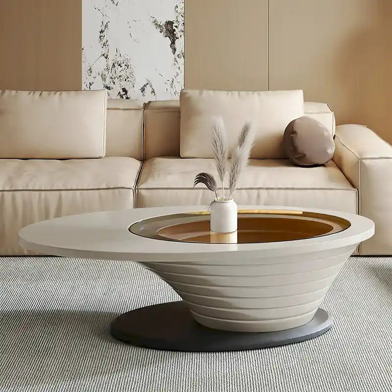 Table basse ovale moderne minimaliste de luxe léger avec plateau en verre et base grise 51 in. - L 51.18'W 25.59'H 14.37'