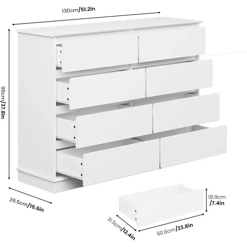 Opbergkast met 8 laden, ladekast met diepe laden, grote brede kast met bovenblad voor woonkamer, hal of kinderkamer