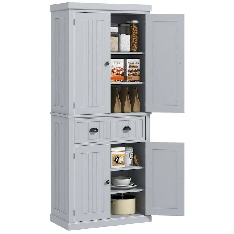 Armoire de rangement de garde-manger de cuisine de 72 pouces, armoire traditionnelle autoportante avec 4 portes et 3 étagères réglables, grand tiroir central