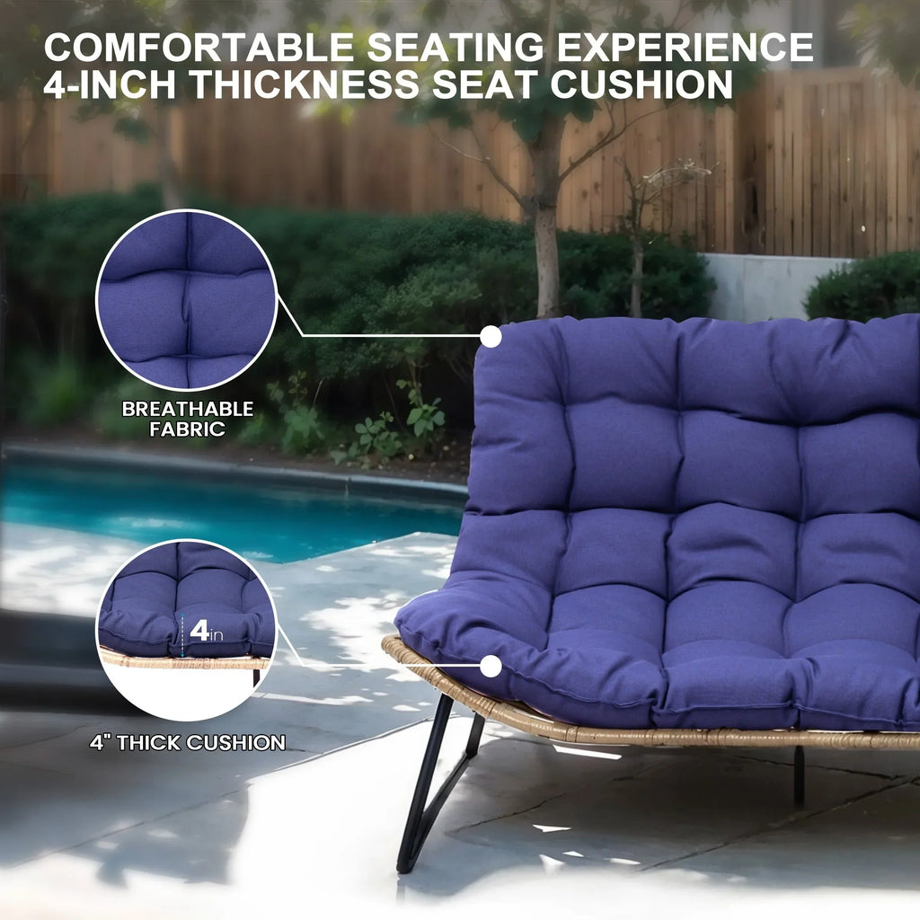 Fauteuil double Papasan avec coussin, rotin PE toutes saisons et structure en métal, pour intérieur et extérieur