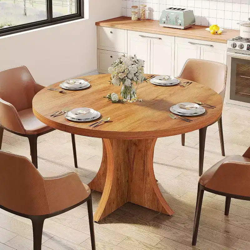 Lantine runder Esstisch mit 120 cm Durchmesser für 4–6 Personen, Küchentisch im Landhausstil mit Säulenfuß, kleiner Esstisch für Esszimmer und Wohnzimmer, Braun
