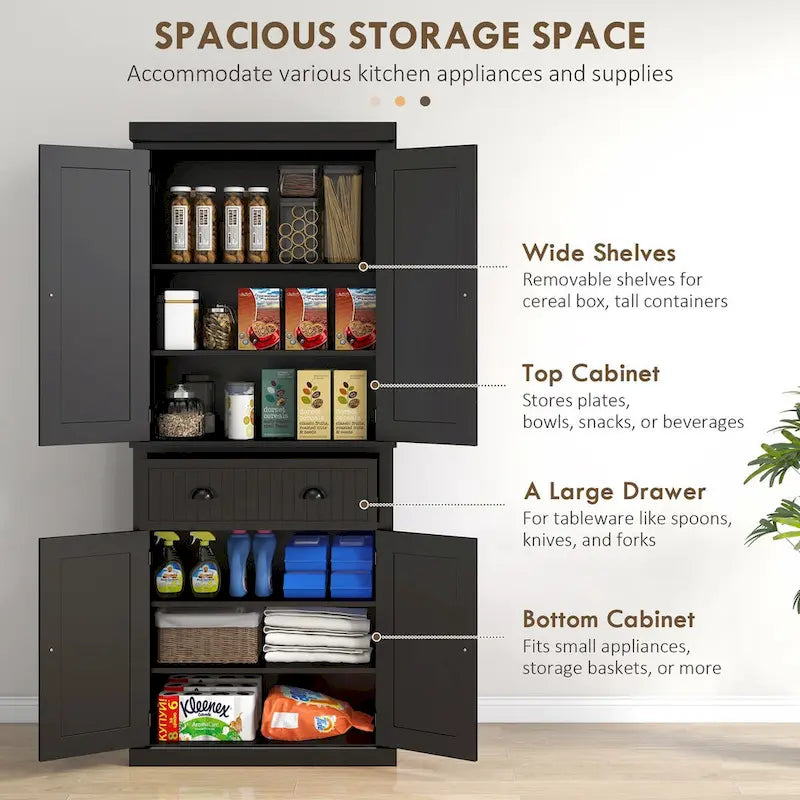 Armoire de rangement de garde-manger de cuisine de 72 pouces, armoire traditionnelle autoportante avec 4 portes et 3 étagères réglables, grand tiroir central