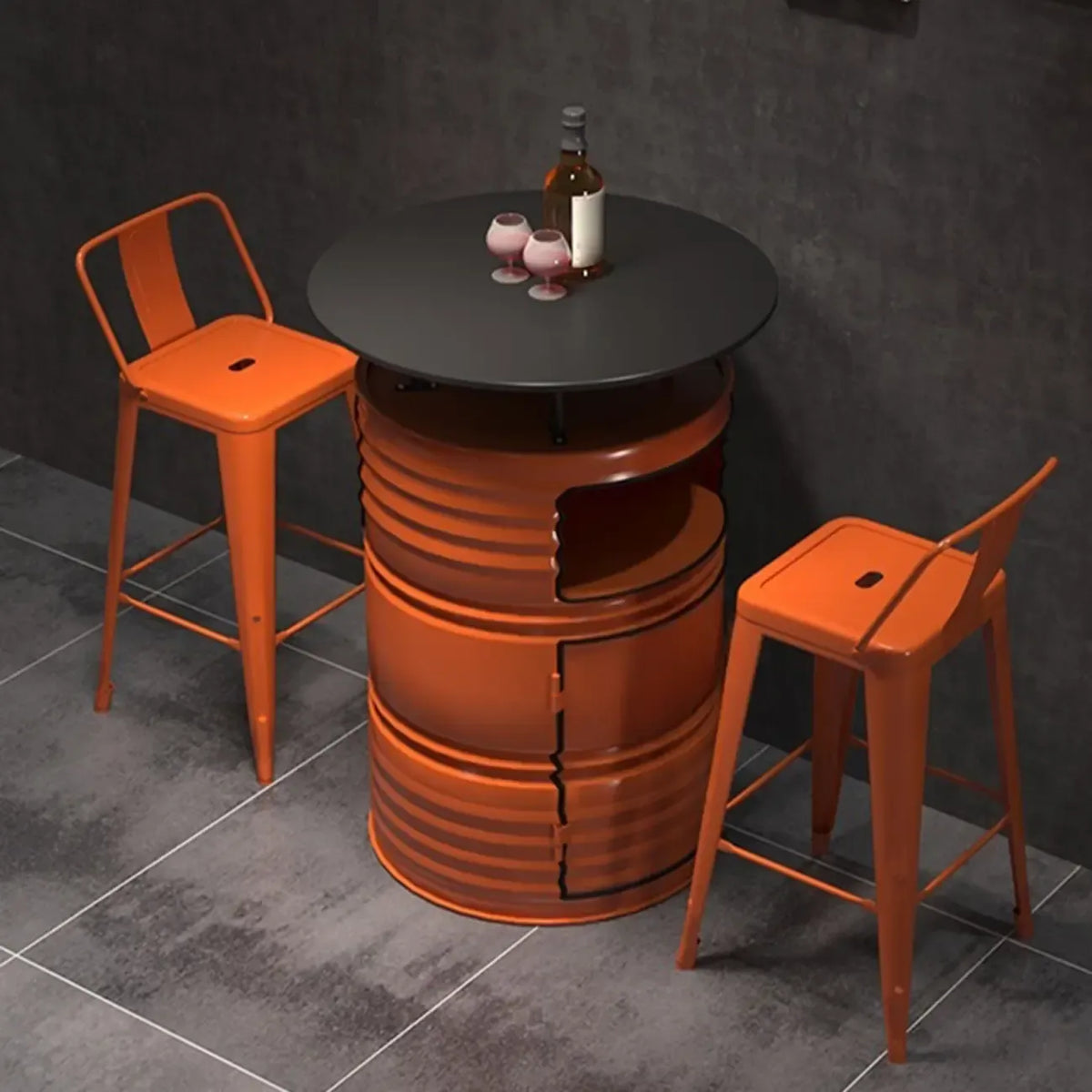 Industrielle schwarze und orangefarbene Metalltrommel-Beistelltische
