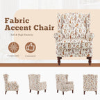 Erommy moderne accentstoel, fauteuil met hoge rugleuning, gestoffeerde stoffen fauteuil met knopen en houten poten voor de woonkamer
