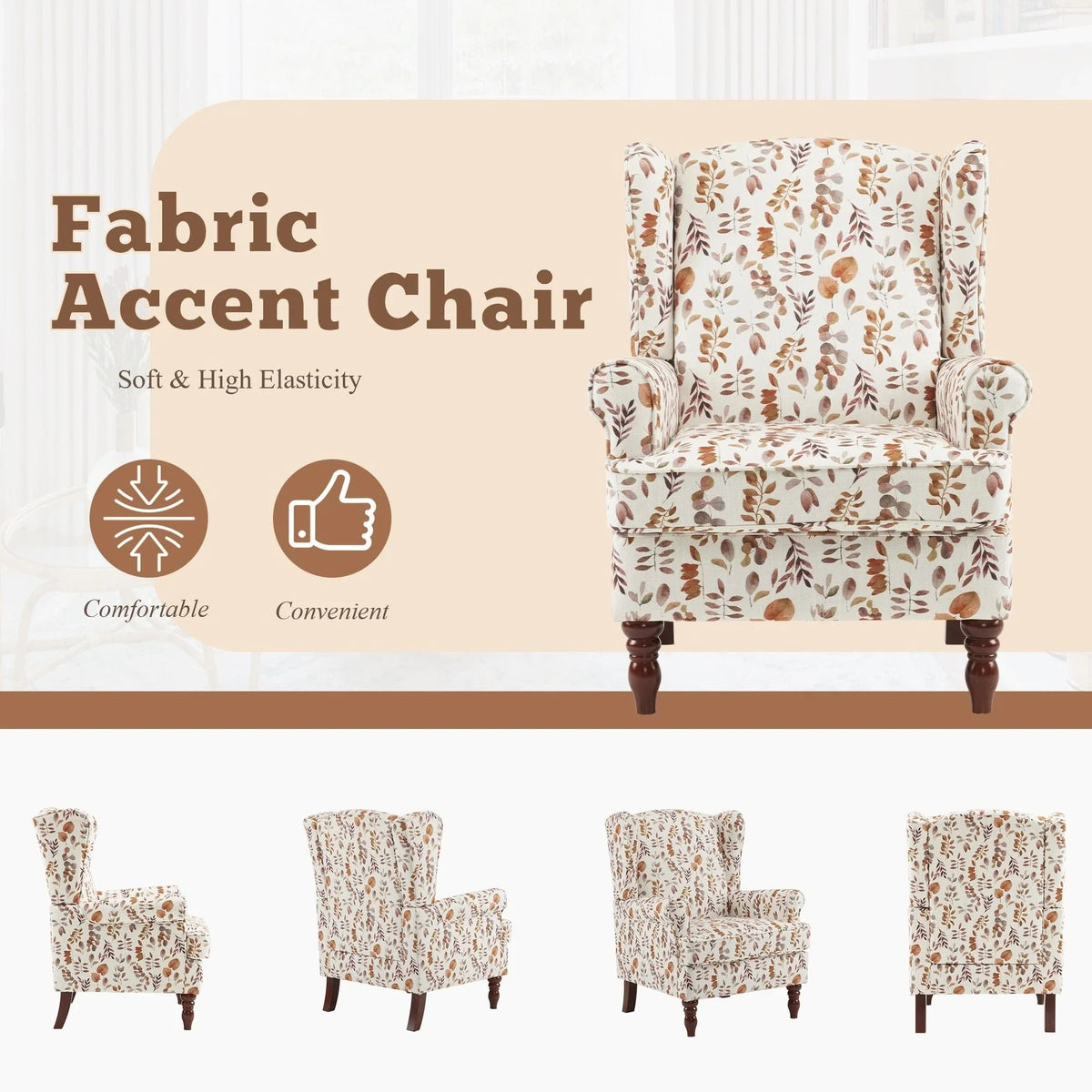 Erommy moderne accentstoel, fauteuil met hoge rugleuning, gestoffeerde stoffen fauteuil met knopen en houten poten voor de woonkamer