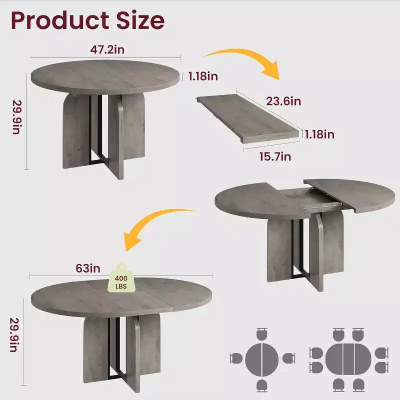 Table à manger ronde extensible de 47 à 63 po pour 4 à 8 personnes, table de cuisine extensible en bois de style champêtre avec structure en métal, table ovale gain de place pour appartement, gris rétro