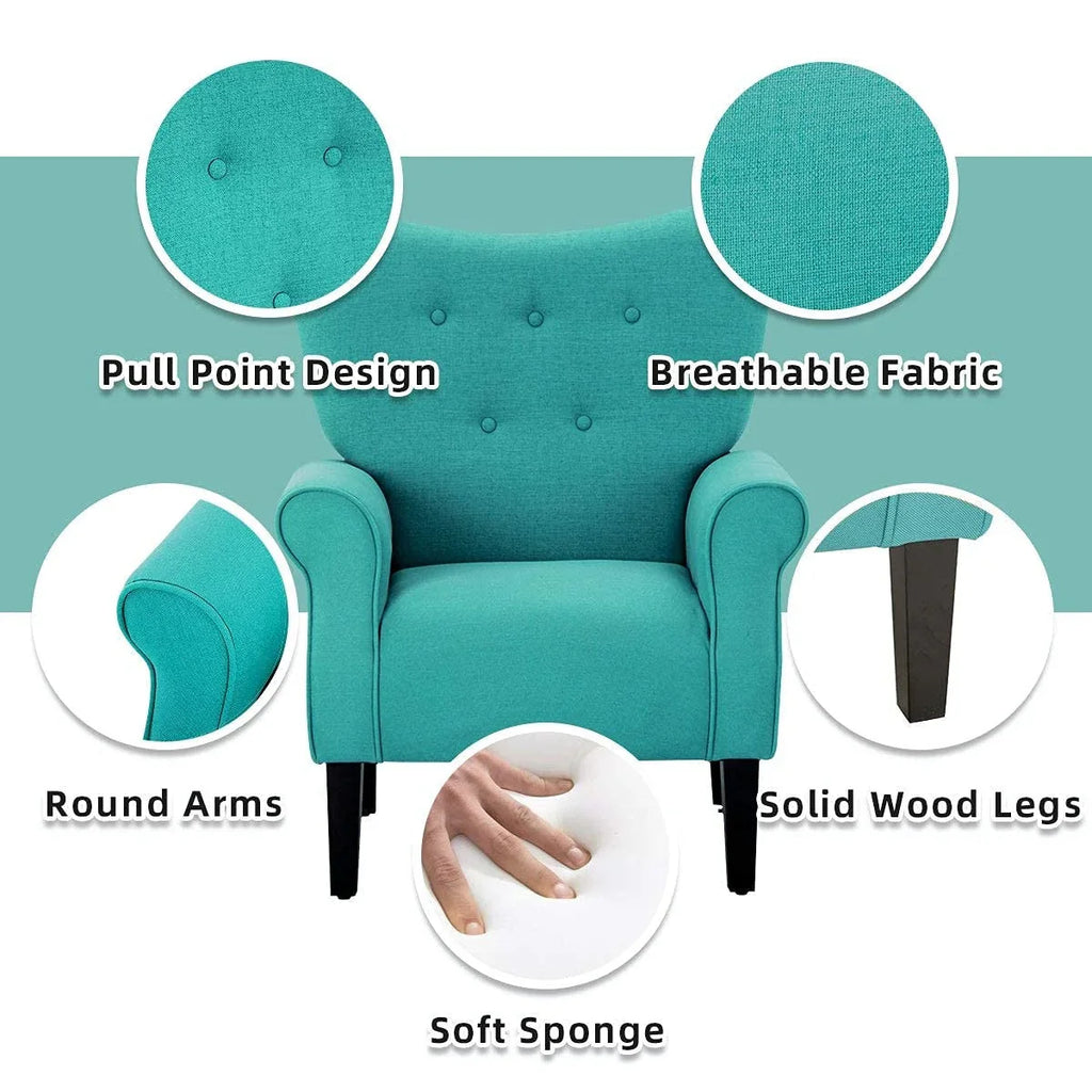 Erommy moderne accentstoel, fauteuil met hoge rugleuning, gestoffeerde stoffen fauteuil met knopen en houten poten voor de woonkamer