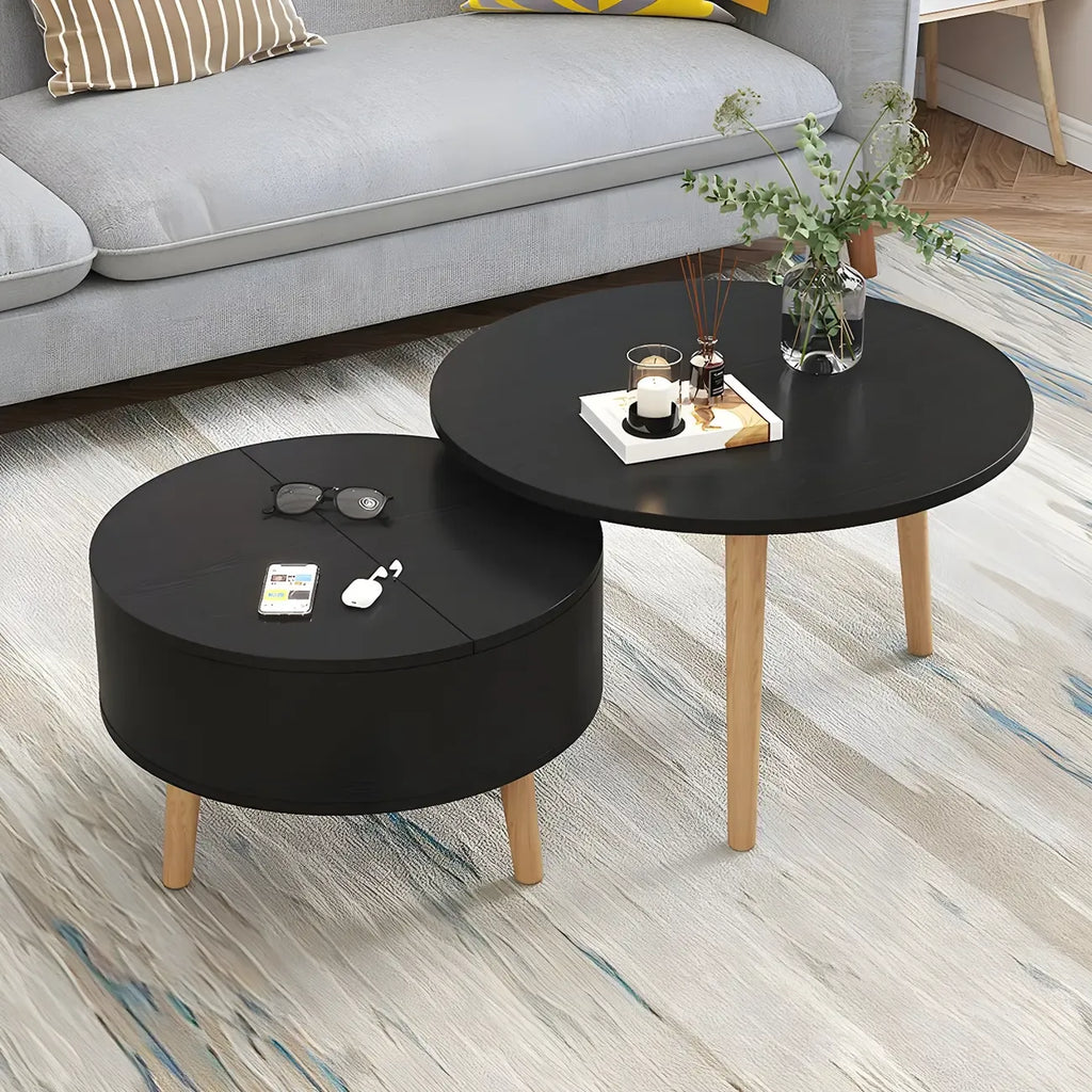Moderner runder Couchtisch aus schwarzem und weißem Holz mit Stauraum